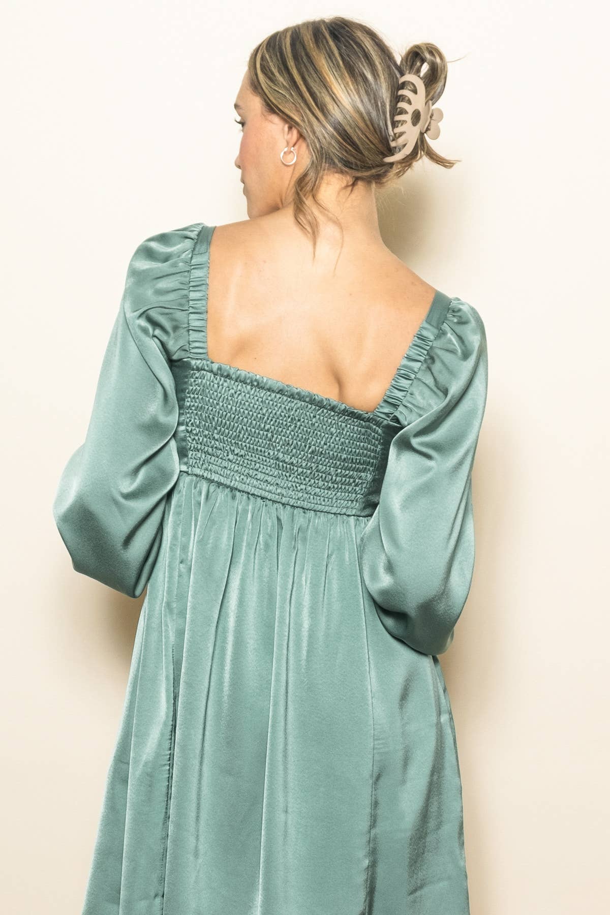 Satin Pleated Dress with Ruched Sleeves and Pockets