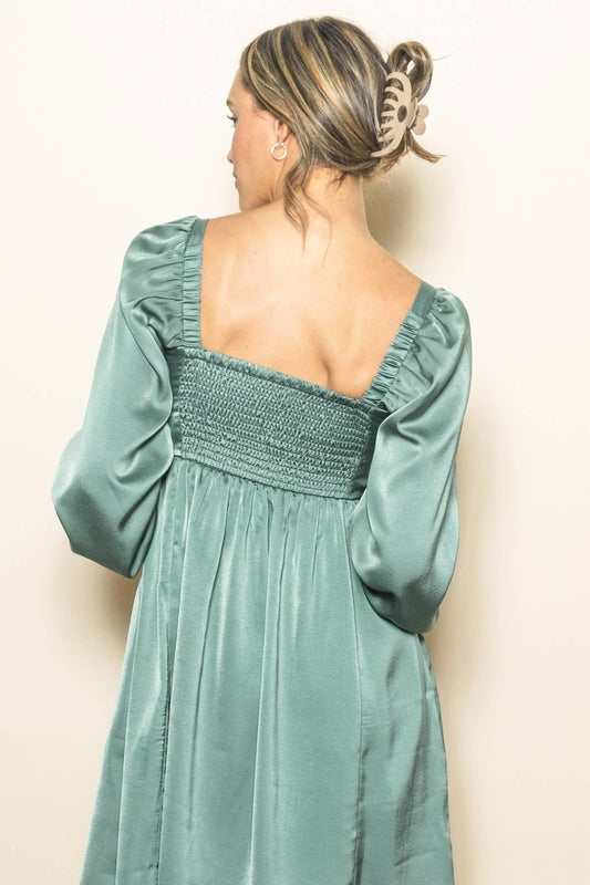 Satin Pleated Dress with Ruched Sleeves and Pockets
