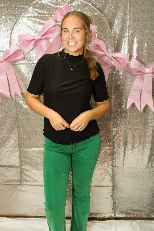 Mock Neck Merrow Detail Ribbed Half Sleeve Top