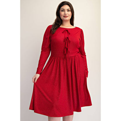 PLUS SIZE GLITTER KNIT FLARE DRESS WITH BOW DETAILS