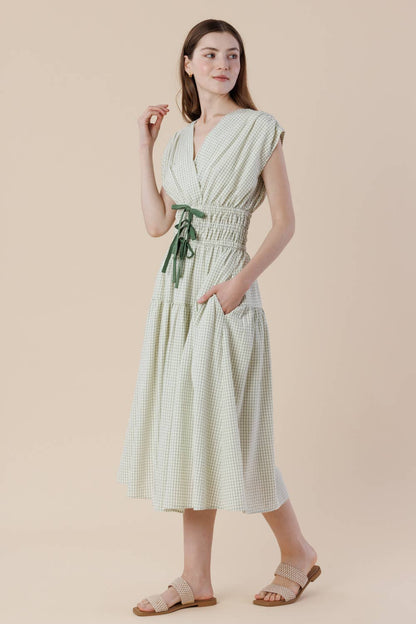 Plaid Surpliced Front Bow Tie Waist Midi Dress