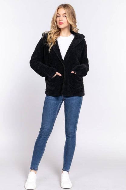 Long Dolman Sleeve Hoodie Sherpa Jacket