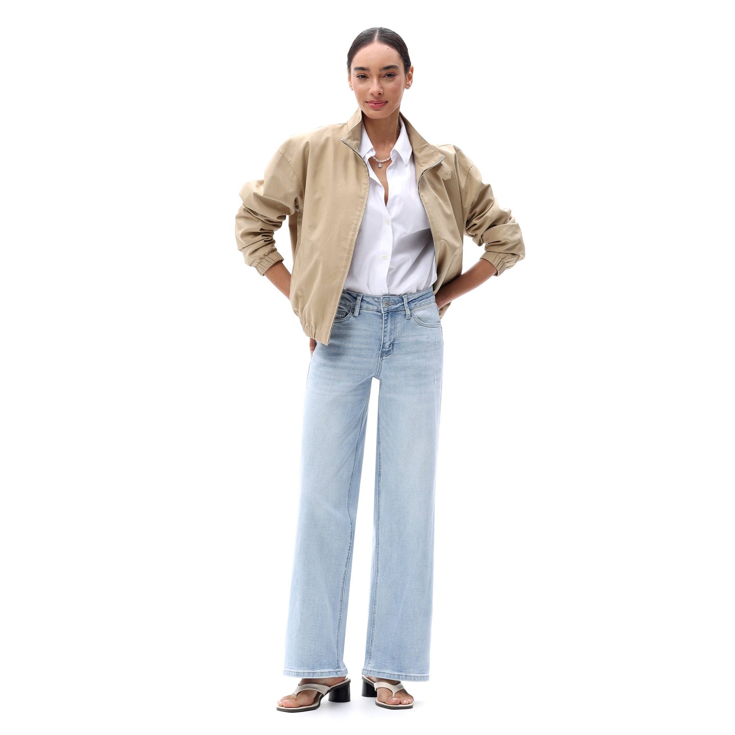 Mid Rise Wide Leg Jeans Relaxed Distressed Denim BG8001