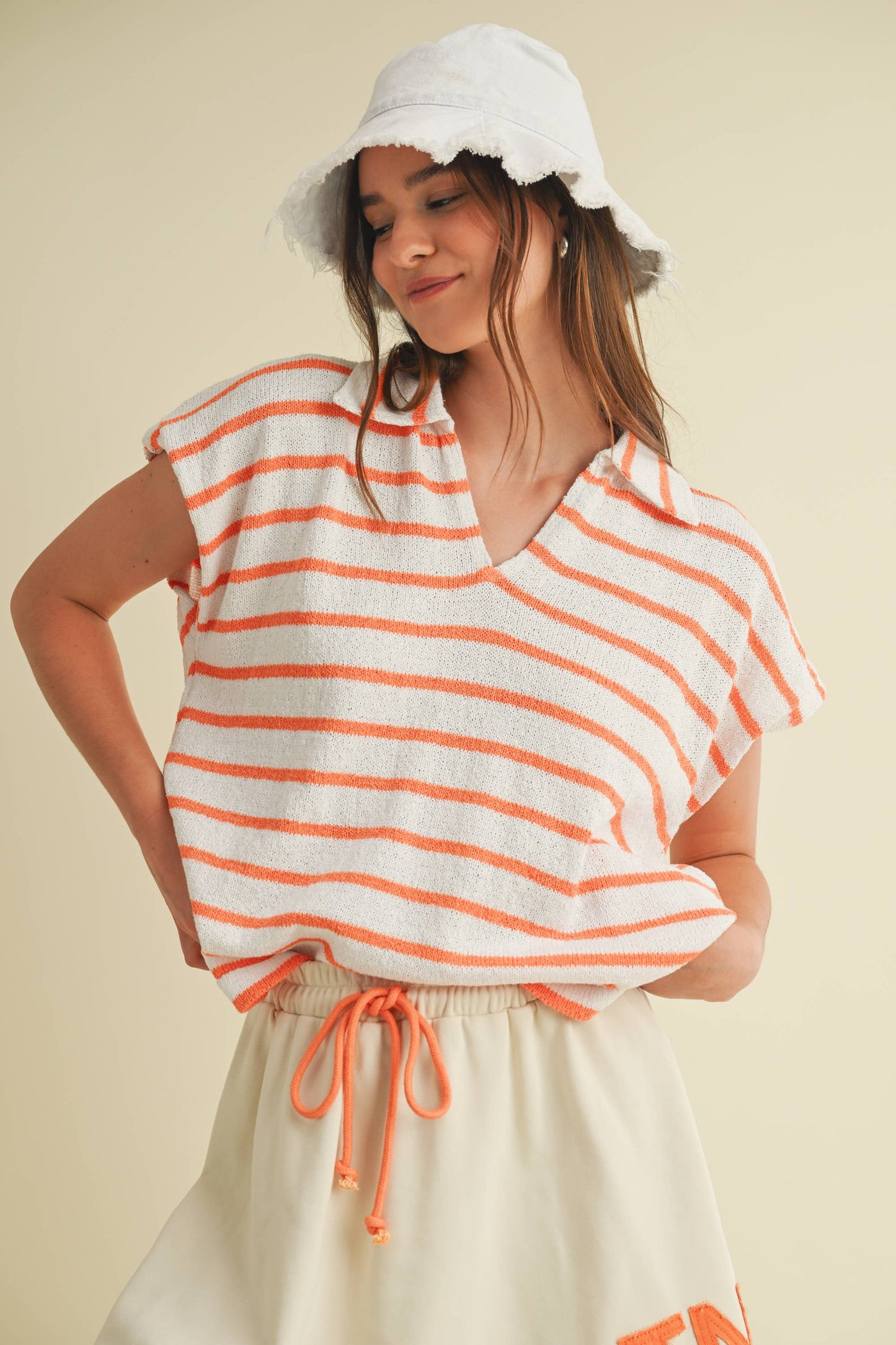 CSW18065 - STRIPED COLLARED V NECK TOP