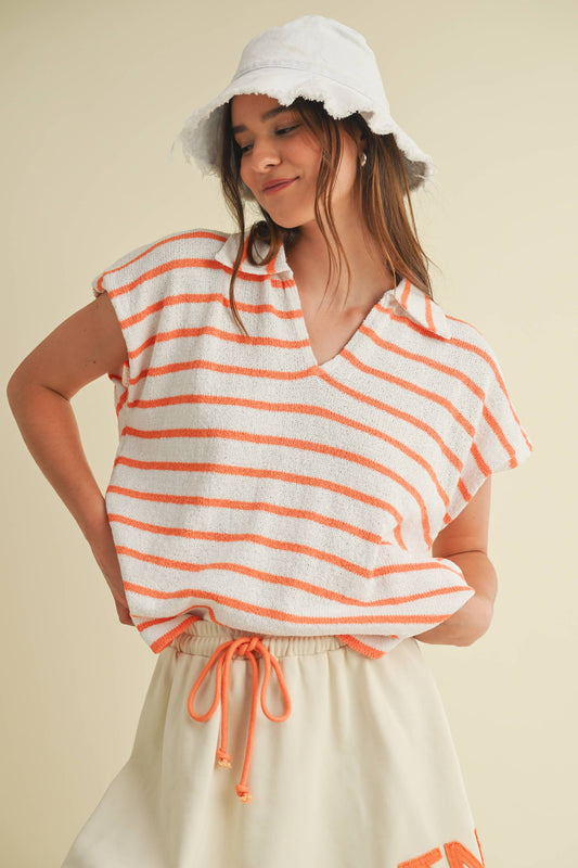 CSW18065 - STRIPED COLLARED V NECK TOP