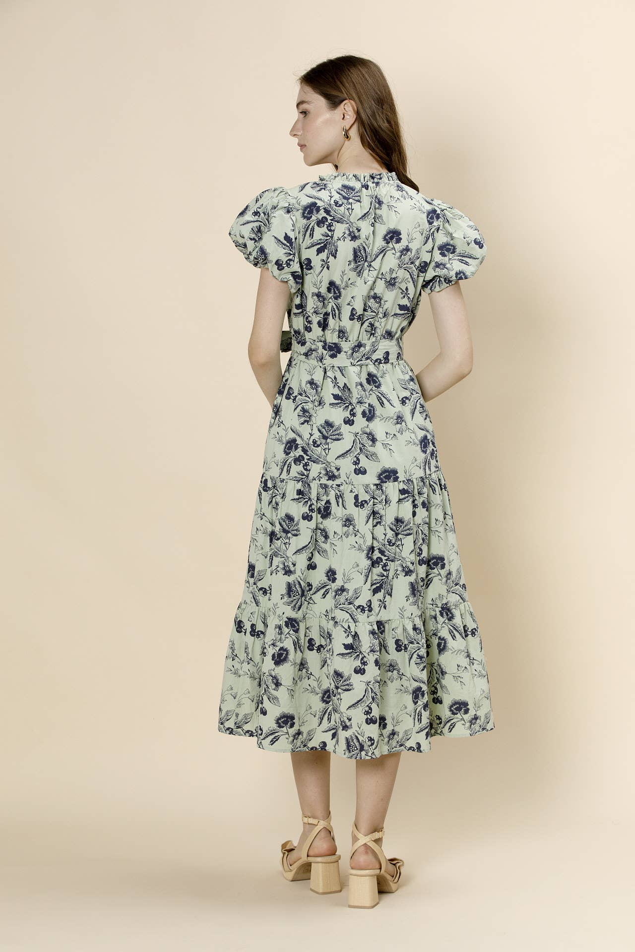 Romantic Puff Sleeve Floral Midi Dress with Waist Tie Belt