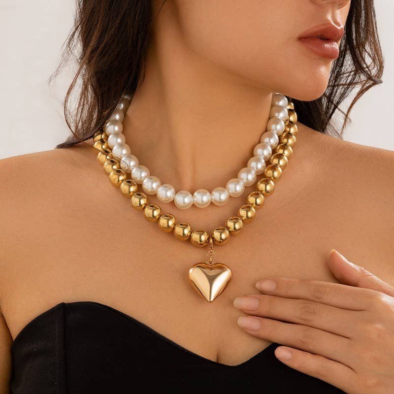 LUSTROUS PEARL BEADED LAYERED HEART NECKLACE