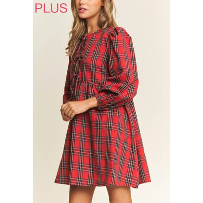 PLUS SOFT PLAID  BABYDOLL BOW MINI DRESS