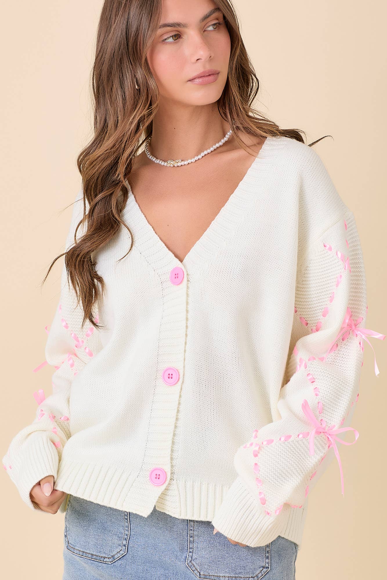 Hand Sewn Satin Ribbon Detail On Sleeve Cardigan