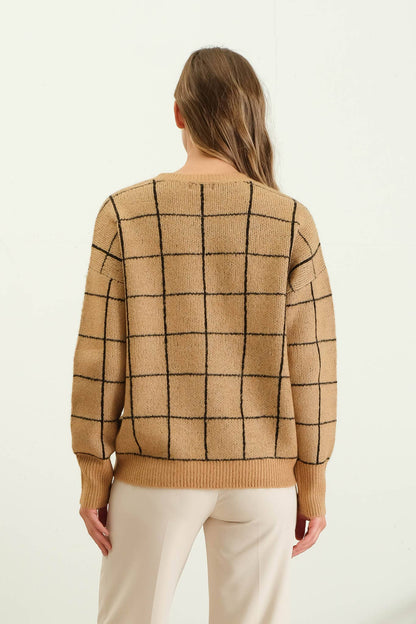GRID PRINT CREW NECK KNIT PULLOVER SWEATER