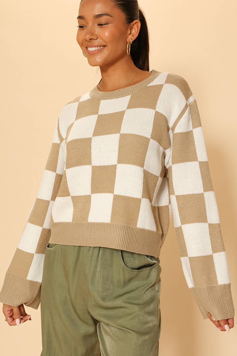 Checkered Sweater - Ribbed Hem, Cuffs and Collar