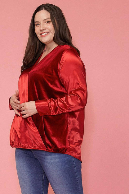 Pleione Plus Size Women's Charmeuse Contrast Cross Front Blouse