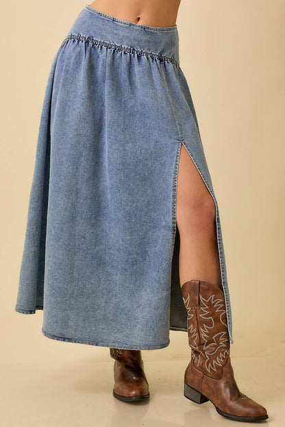 Midi Denim Skirt With Center Thigh Slit