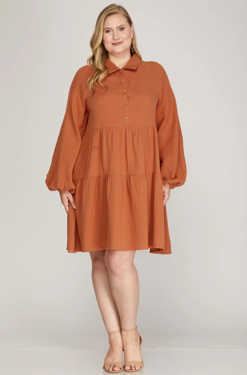 CINNAMON LONG SLEEVES BUTTON DOWN PLUS SIZE SHIRT MINI DRESS