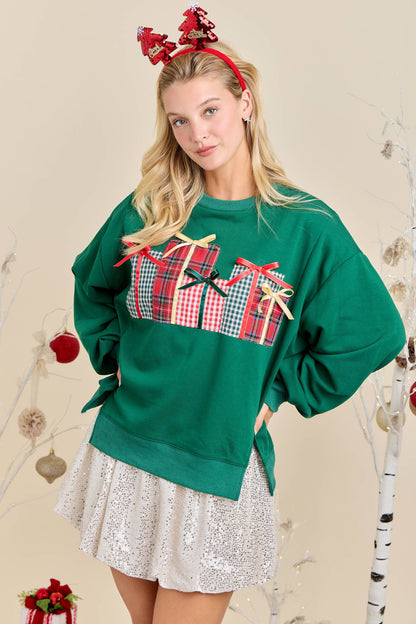 Christmas Sweatshirt Featuring Patchwork Gift box