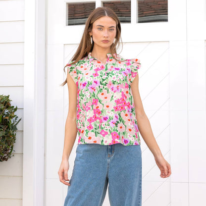 Floral Printed V neck Top with Ruffled neck