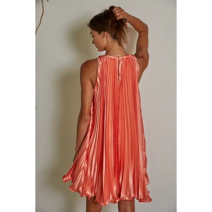 Accordion Pleated Round Neck Sleeveless Mini Dress