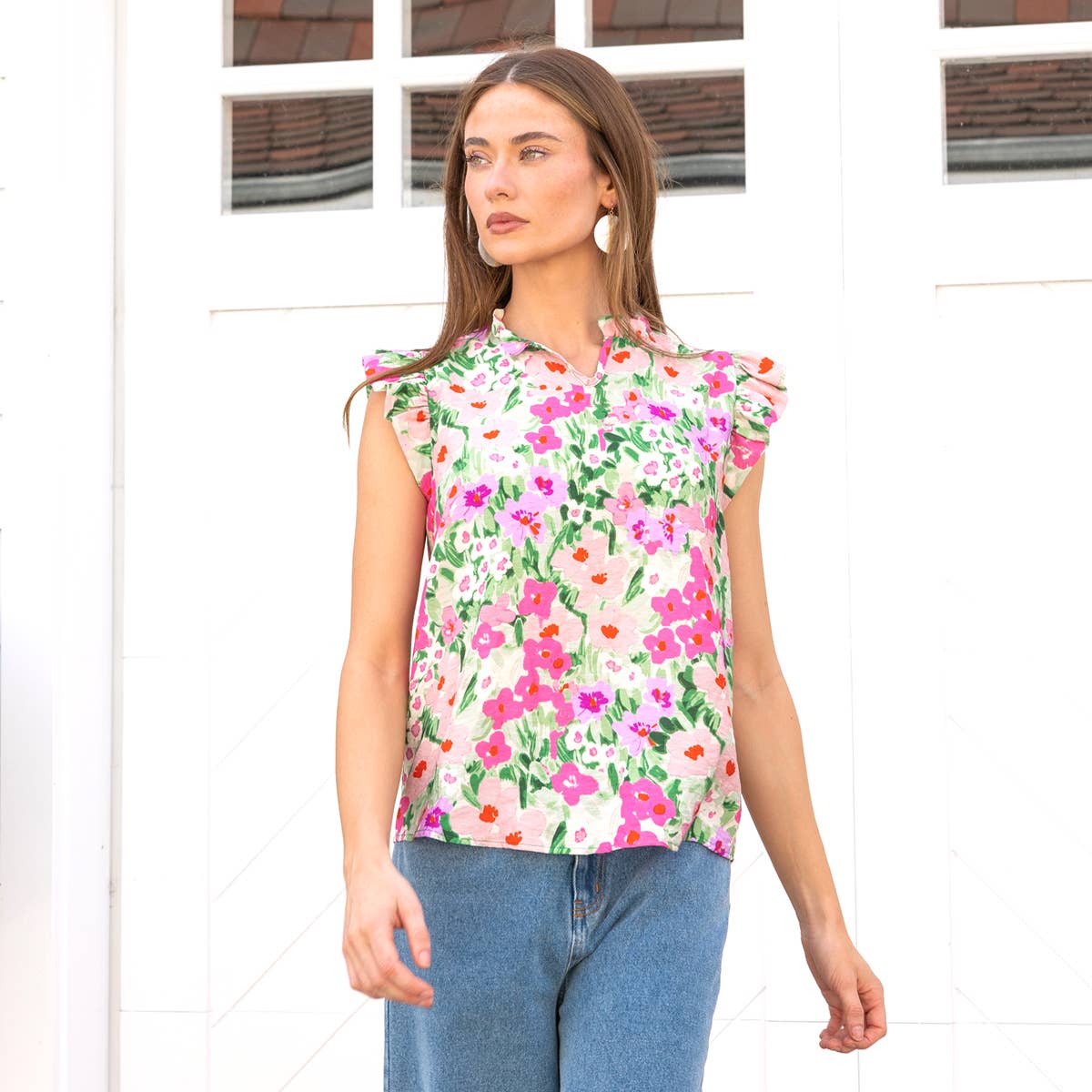 Floral Printed V neck Top with Ruffled neck