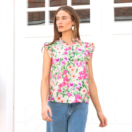 Floral Printed V neck Top with Ruffled neck