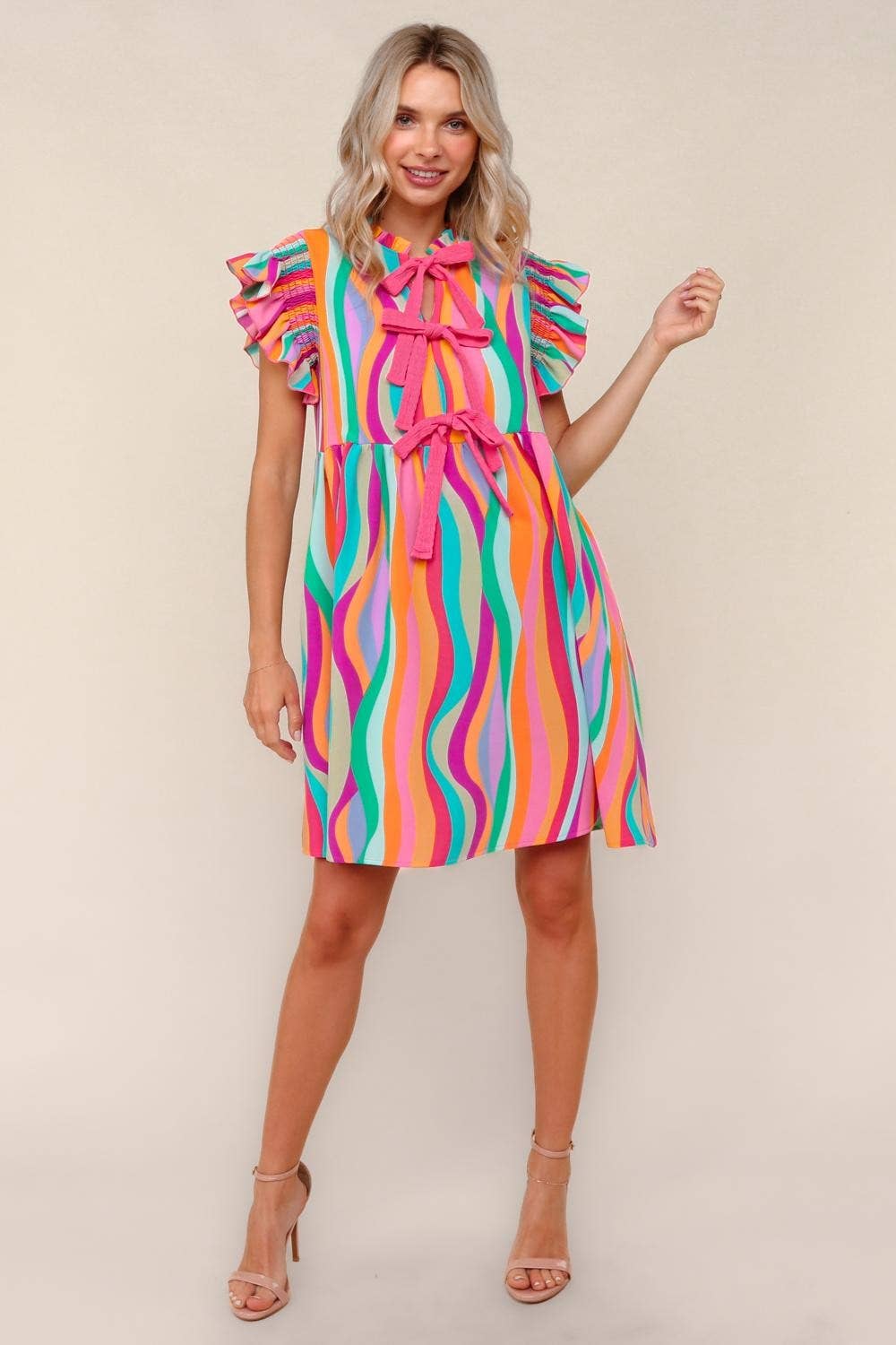 Plus Multicolor Dress W/ Cute Bow Tie Front