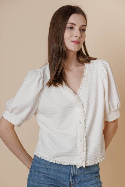 Textured Knit Puff Short Sleeve Button Blouse