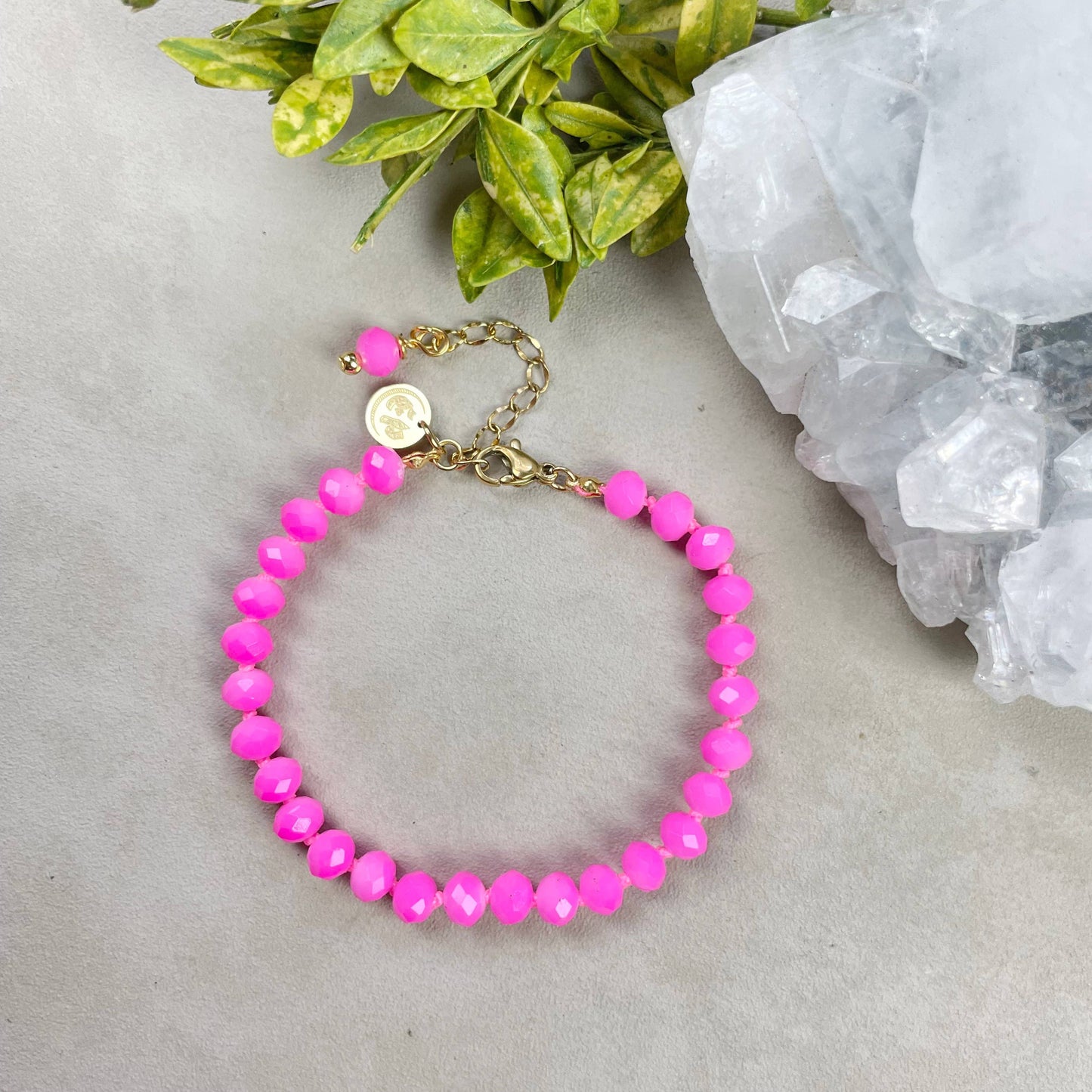 Barb// Hot Pink Neon Crystal Beaded Handknotted Bracelet
