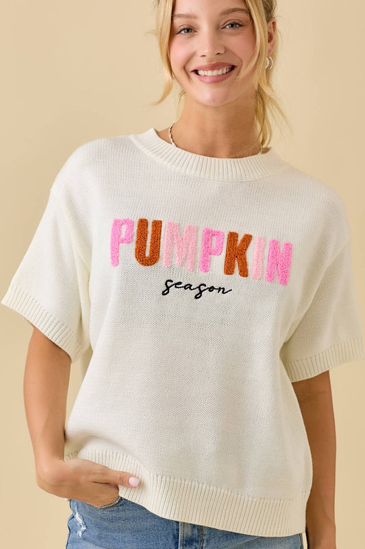 Pumpkin Season Embroidered Short Sleeve Boxy Sweater Top