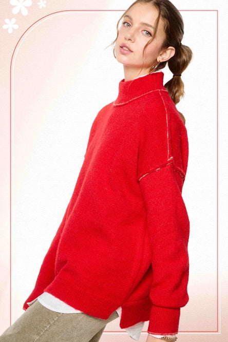 Loose Fit Mock Neck Exposed Seaming Detailed Sweater