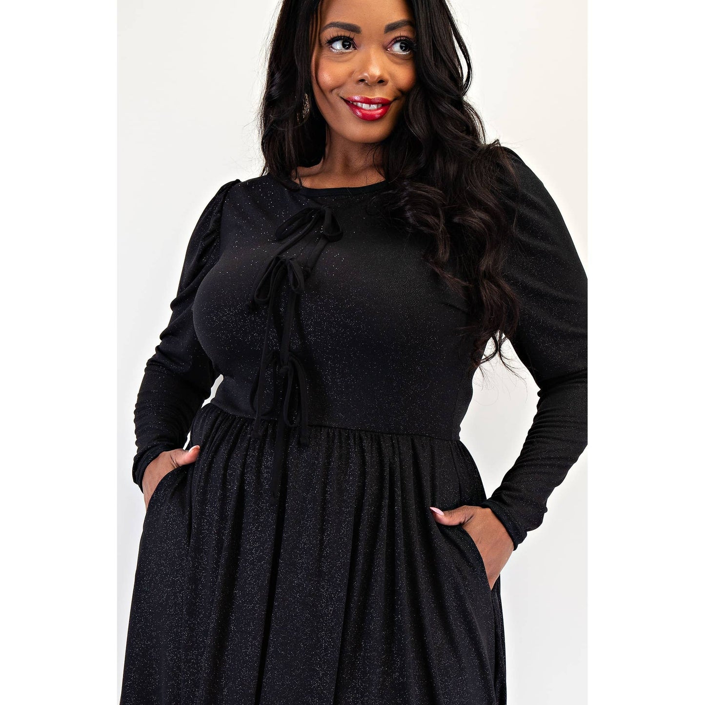 PLUS SIZE GLITTER KNIT FLARE DRESS WITH BOW DETAILS