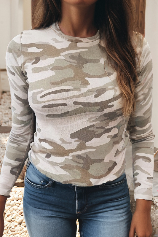 LDC Western Fashion Camouflage Print Mesh Long Sleeve Top