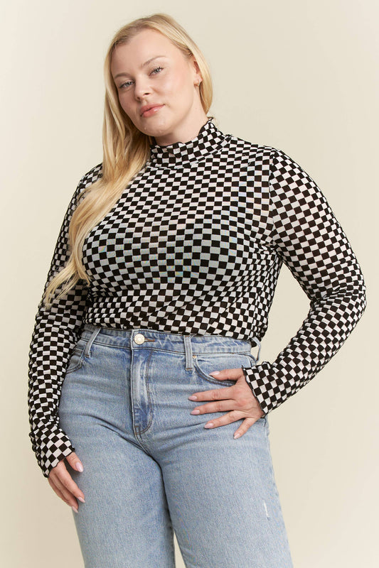 PLUS SIZE LONG SLEEVE CHECKERED MESH MOCK NECK TOP