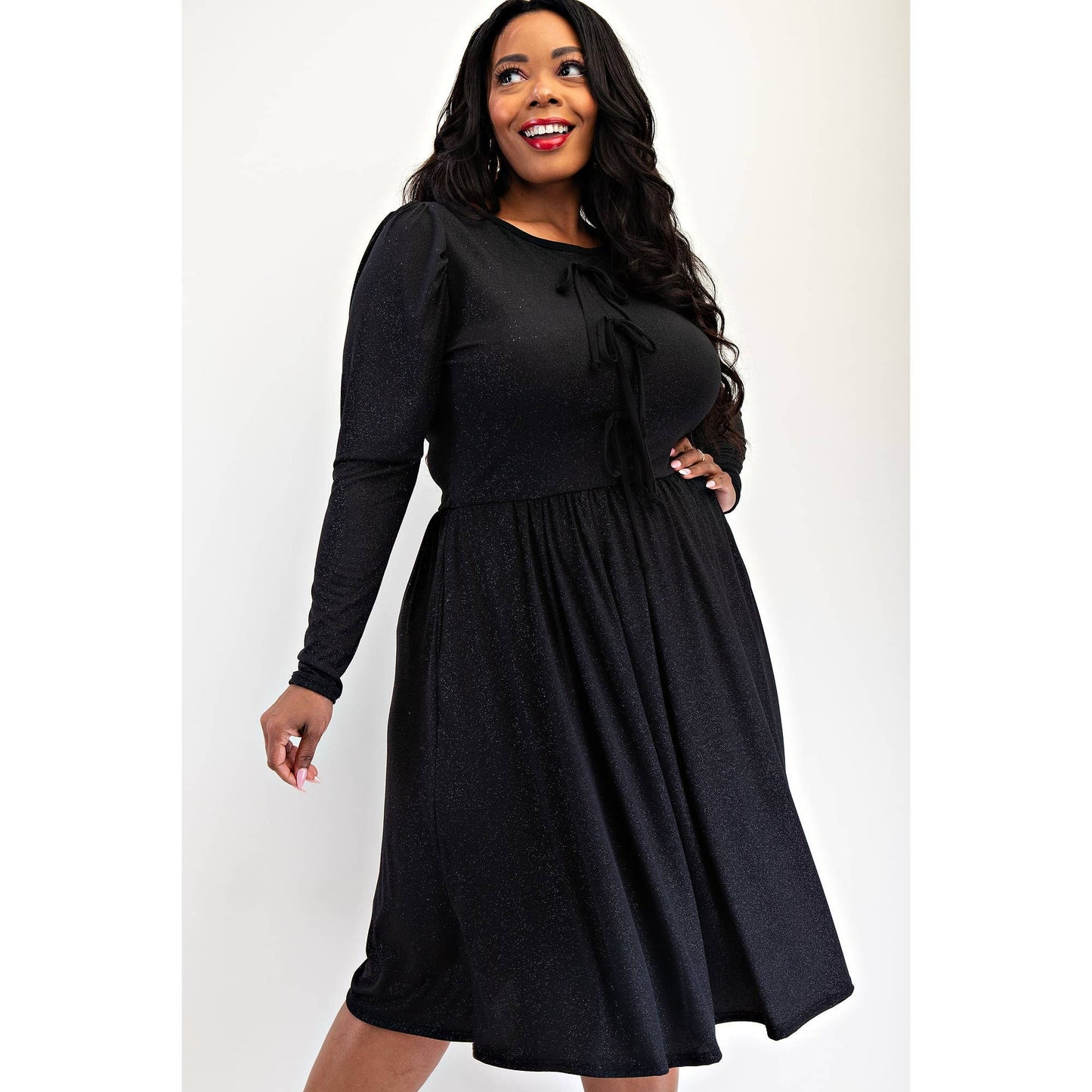 PLUS SIZE GLITTER KNIT FLARE DRESS WITH BOW DETAILS
