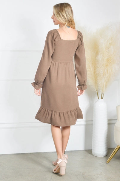 Smocking Long Sleeve Ruffle Dress: Taupe