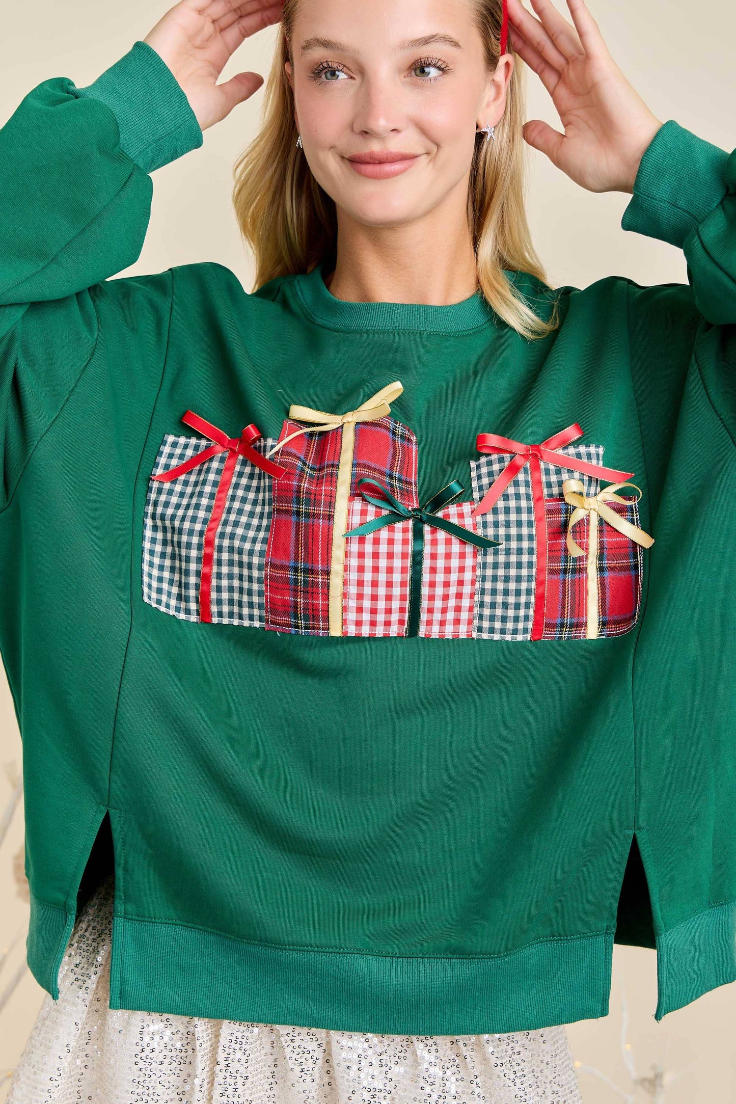Christmas Sweatshirt Featuring Patchwork Gift box