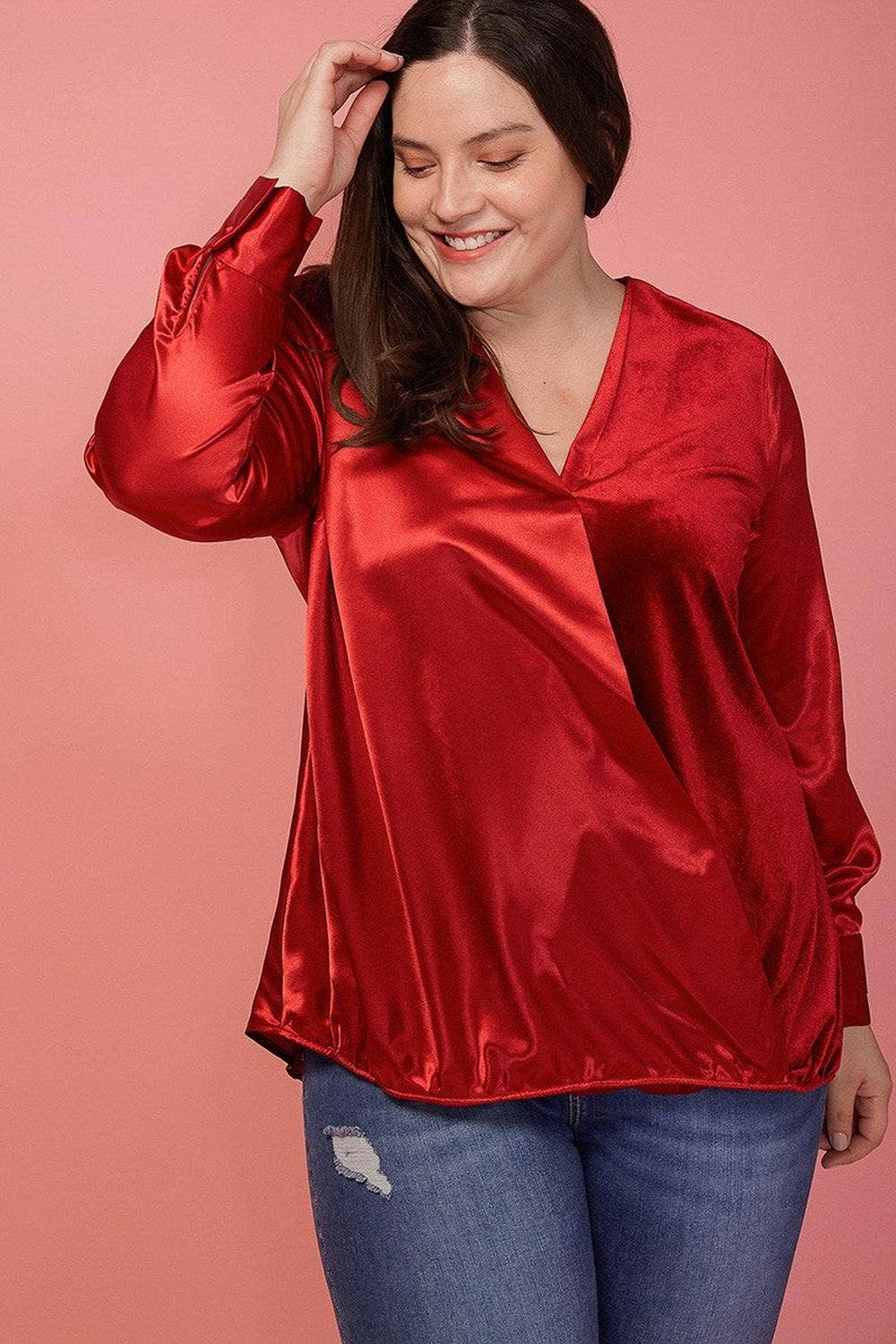 Pleione Plus Size Women's Charmeuse Contrast Cross Front Blouse