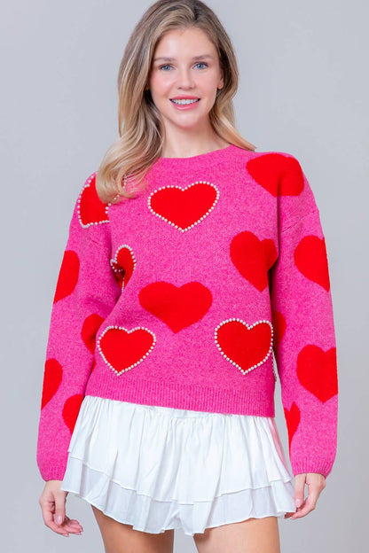 COZY PINK SWEATER WITH RED HEARTS & PEARL DETAILS