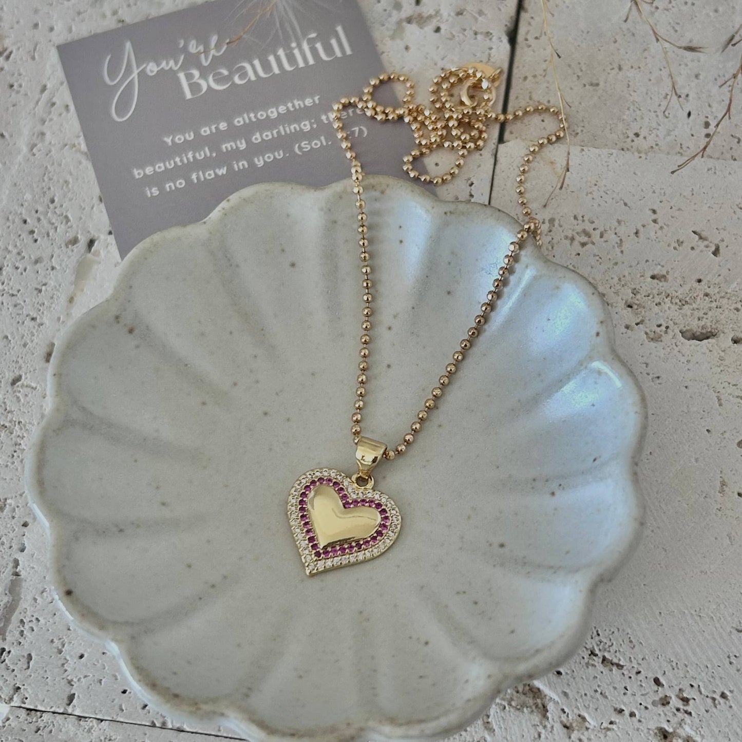 Small Heart Pave Pendant necklace pink glass beaded chain