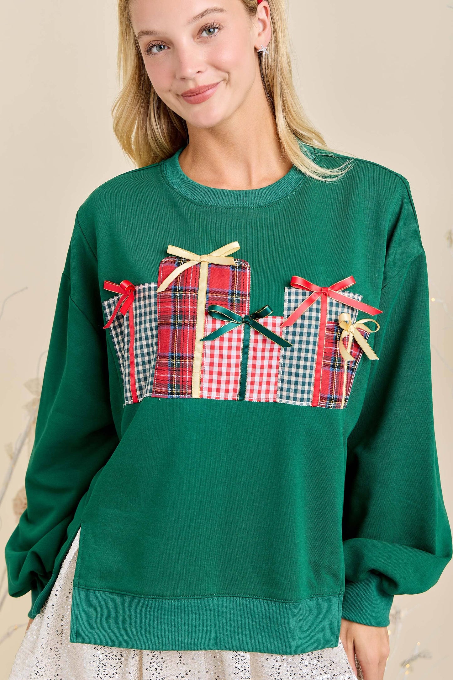 Christmas Sweatshirt Featuring Patchwork Gift box