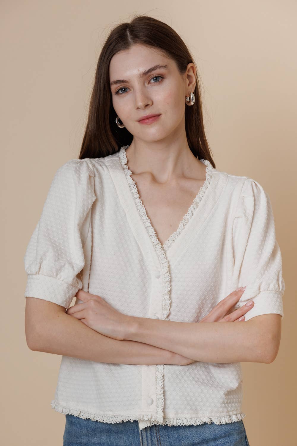 Textured Knit Puff Short Sleeve Button Blouse