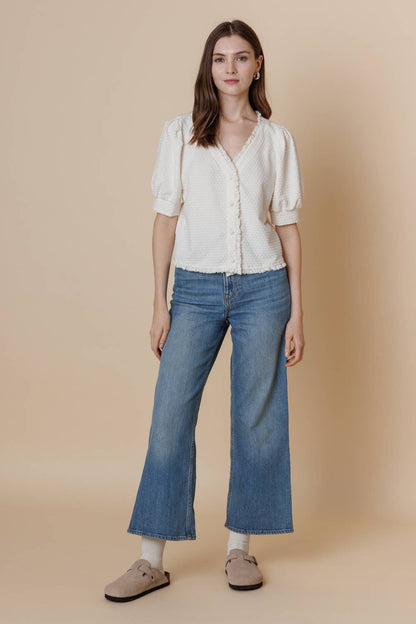 Textured Knit Puff Short Sleeve Button Blouse