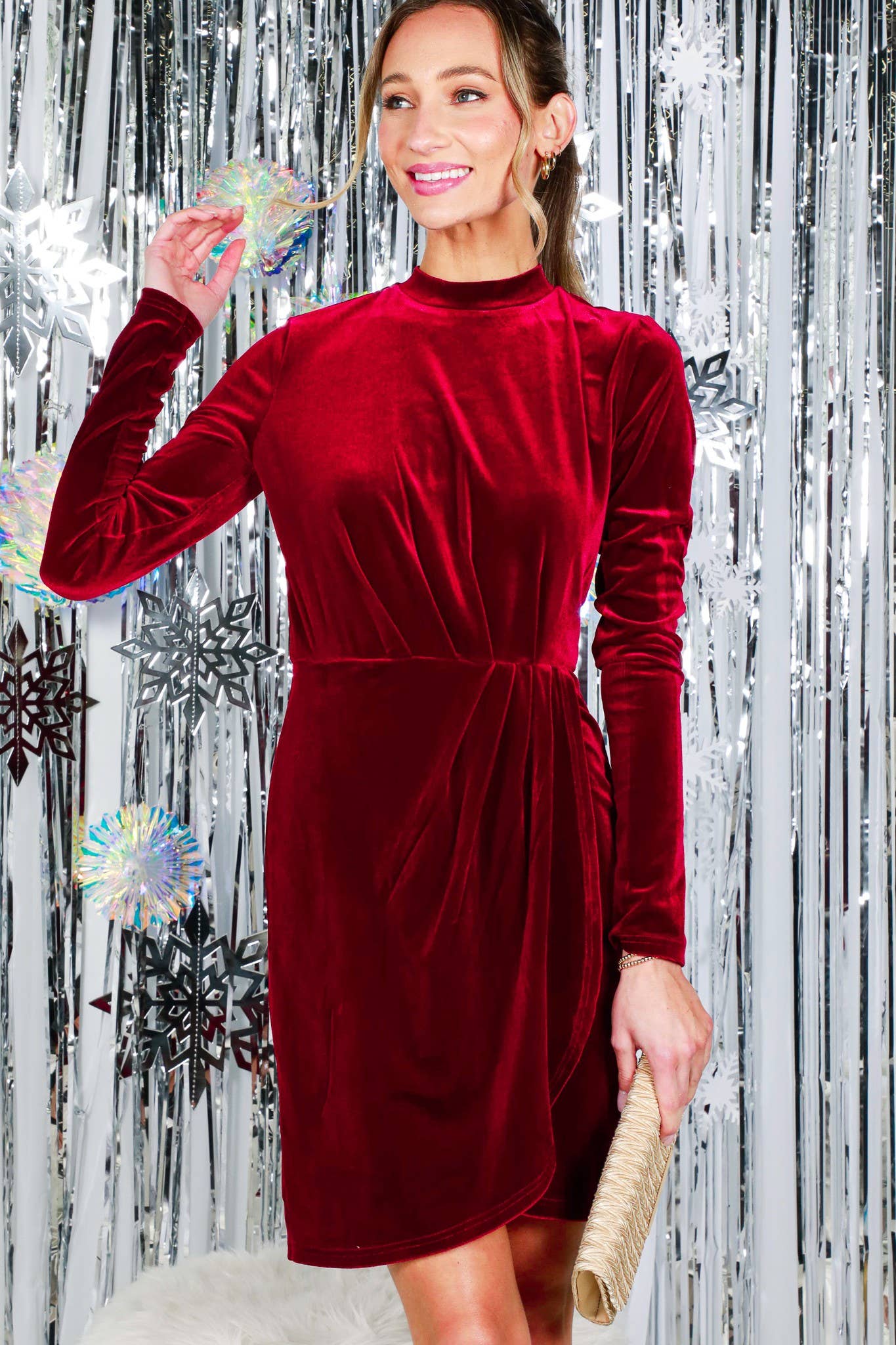 Mock Neck Wrap-Front Bodycon Velvet Mini Dress