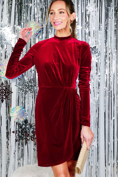 Mock Neck Wrap-Front Bodycon Velvet Mini Dress
