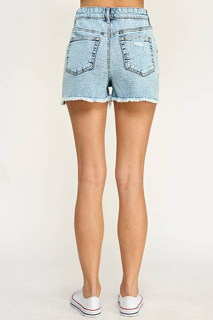 STRETCH HIGH RISE RIPPED FREY HEM DENIM SHORTS