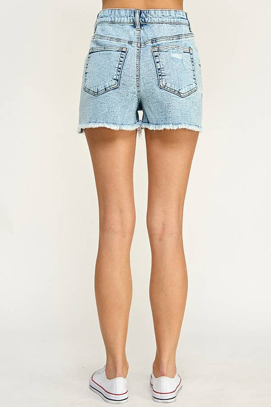 STRETCH HIGH RISE RIPPED FREY HEM DENIM SHORTS