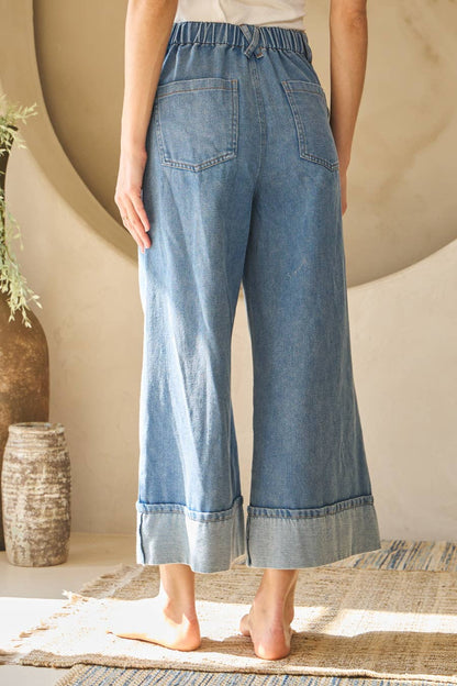 Washed Denim Wide Leg Pants
