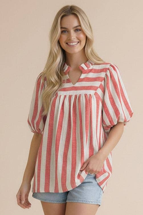 Bubble Puff Short Sleeve Wide Stripe Woven Top