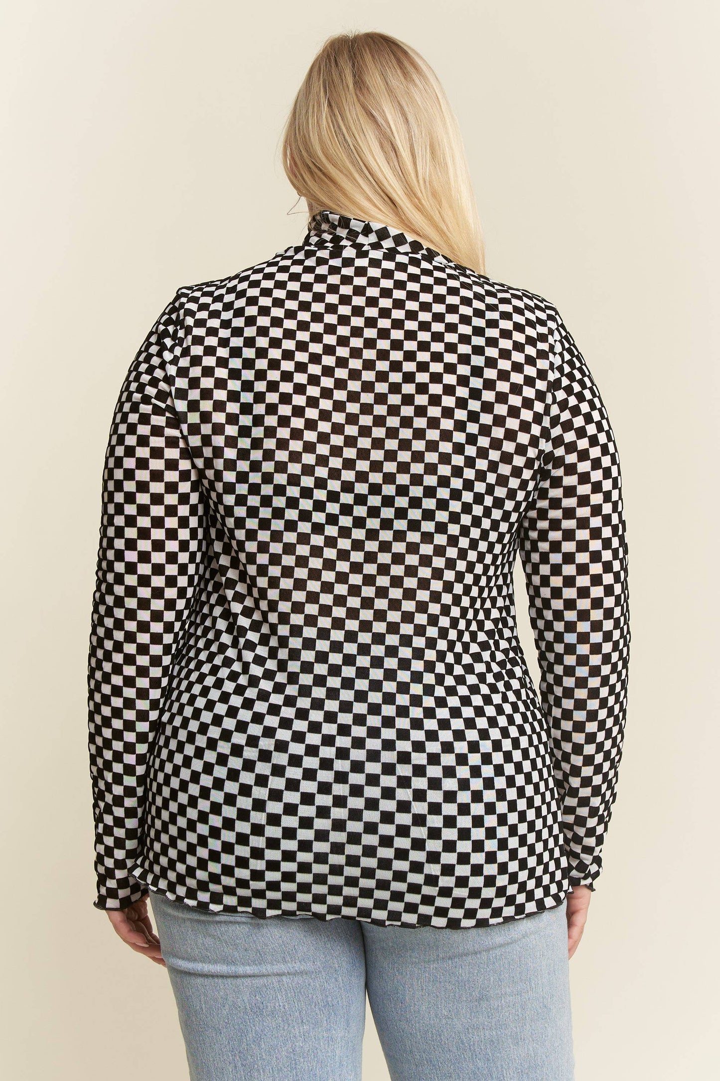 PLUS SIZE LONG SLEEVE CHECKERED MESH MOCK NECK TOP