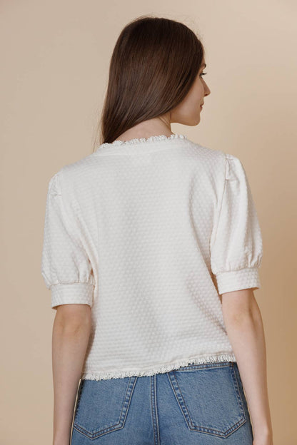 Textured Knit Puff Short Sleeve Button Blouse