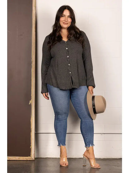 BLACK V-NECK  STRIPES LONG SLEEVES PLUS SIZE TOP T8820PL