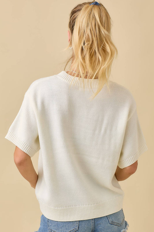 Pumpkin Season Embroidered Short Sleeve Boxy Sweater Top